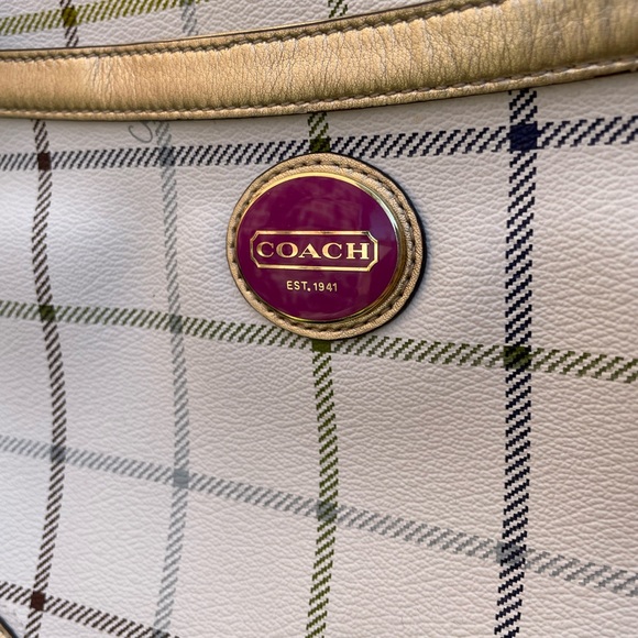 Coach Peyton Tattersall Crossbody Bag Plaid Purse White Gold Leather - Picture 4 of 16